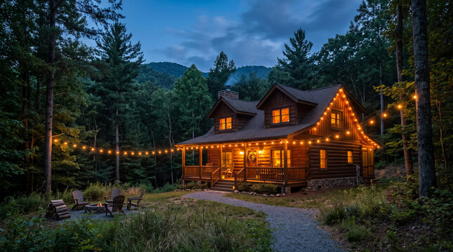 Cozy log cabin illuminated by string lights in serene forest setting