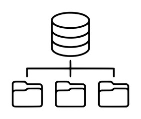 Minimalist vector icon illustration of a database server connected to three file folders, representing data organization, storage management, information architecture, and digital file systems. © Md Asaduzzaman 