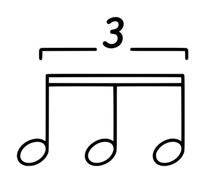 Elegant minimalist musical triplet vector icon featuring three eighth notes beamed together with a bracket and the number three above, representing rhythmic notation for music theory and composition.