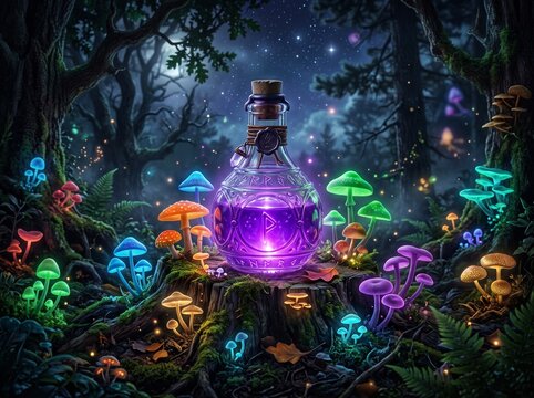 Magical glowing purple potion bottle surrounded by colorful mushrooms in a forest