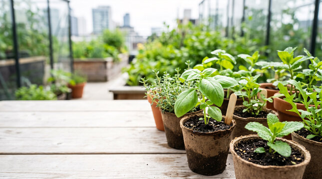 Young basil plant growing in a biodegradable pot on a rustic wooden table
