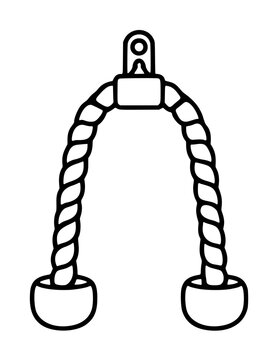 Minimalist black and white vector icon illustration of a tricep rope gym attachment for cable machines, featuring a braided texture and sturdy end caps for strength training and bodybuilding.