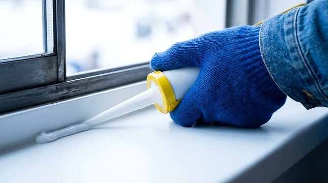 Hand in blue glove applying sealant to window frame, home improvement and repair project for insulation and weatherproofing.