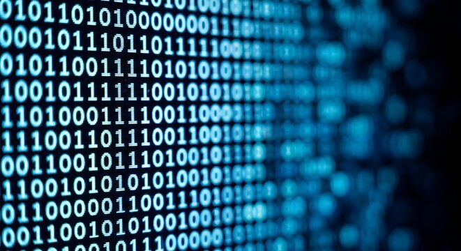 Abstract background of glowing blue and white binary code numbers on digital screen displaying data flow.
