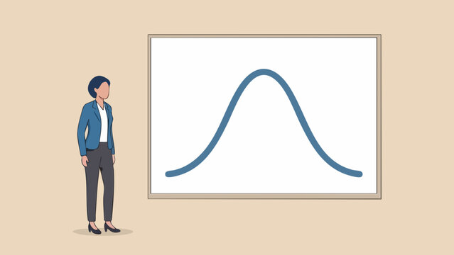A businesswoman stands beside a whiteboard displaying a blue bell curve graph, representing statistical distribution and data analysis concepts