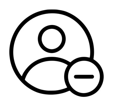 Clean minimalist black and white vector icon of a user profile silhouette with a minus sign, representing unfollow, remove contact, or unsubscribe actions for social media and mobile app design.