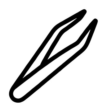 Minimalist black and white vector icon illustration of precision tweezers for grooming, medical use, and first aid, featuring a clean hand-drawn line art style on a plain white background for design.