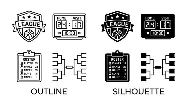 Basketball Competition Icons: A set of clean, graphic icons representing a basketball league, scoreboard, roster, and tournament bracket.