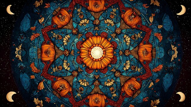 Ornate mandala pattern with orange and blue floral on dark background