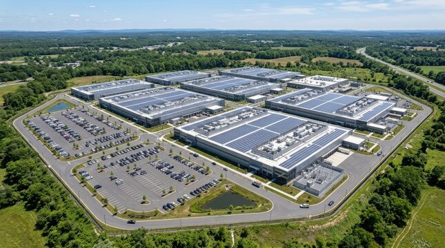 Large modern complex with solar panels covering rooftops, surrounded by nature, showcasing expansive green energy infrastructure.