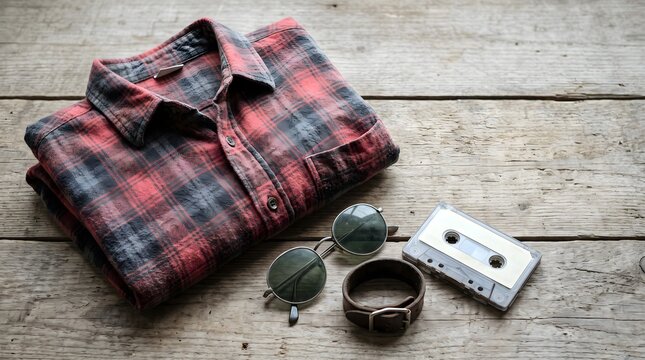Retro 1990s grunge fashion objects styled flat lay, vintage trend concept