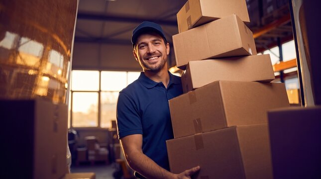 Smiling delivery courier holding stack of cardboard boxes next to delivery van, postman in blue uniform loading cargo packages at warehouse, shipping logistics concept
