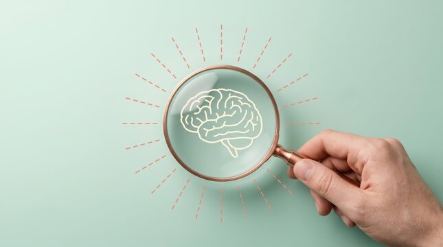 Hand holding magnifying glass with brain illustration