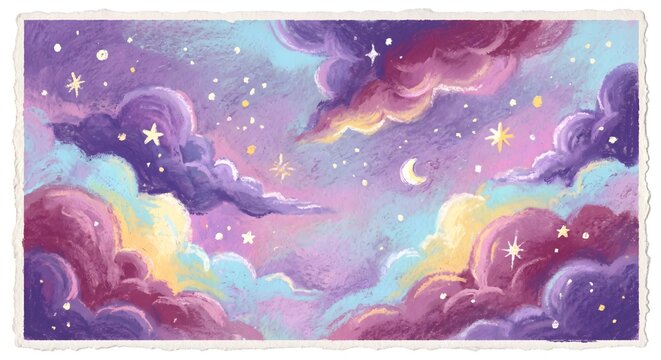 Cute Pastel Dreamy Night Sky Illustration Soft Clouds Crescent Moon Stars Wallpaper