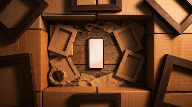 Glowing smartphone screen mockup, flat lay with cardboard boxes, wooden frames, and twine on rustic wood background, creative e-commerce shipping and packaging concept