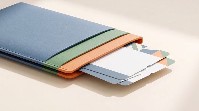 Leather passport holder with boarding pass on beige background, minimalist travel organizer, colorful blue green and orange leather wallet, macro shot of travel accessories