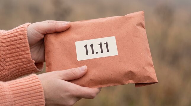Person holding eco friendly paper envelope parcel with 11.11 sticker, sustainable packaging for autumn online shopping delivery, close-up details
