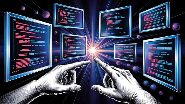 Programmers working with multiple code screens and digital interfaces representing software development