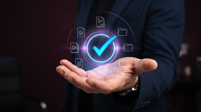 Businessman presenting a glowing blue checkmark and documents