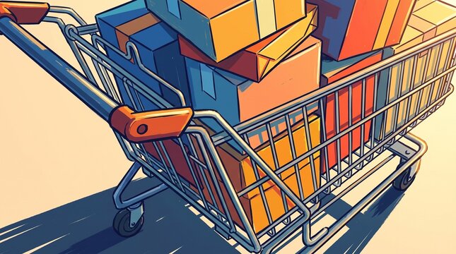 Shopping cart filled with colorful gift boxes, vibrant vector illustration of supermarket trolley full of packages, commercial retail concept for holiday sales and promotions