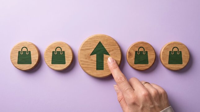 Business growth concept with shopping bags and rising arrow