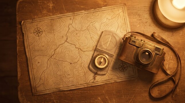 Vintage topographic map with compass and retro film camera, flat lay of travel planning gear on aged wooden desk under warm lighting, adventure exploration concept