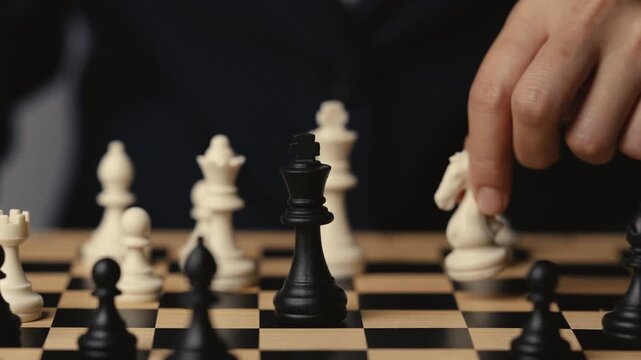 hand holding a white chess knight taking black king, strategy concept