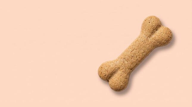 Single brown dog bone treat on a solid light peach background