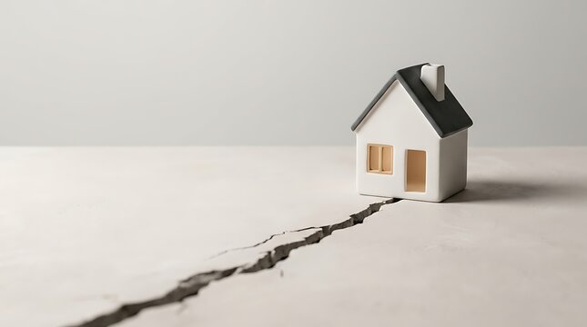Miniature white house with dark grey roof on cracked surface symbolizing earthquake damage vulnerability and home structural instability risk.