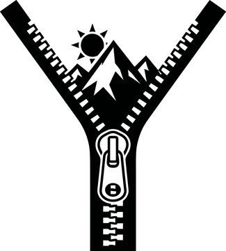 Vector illustration of a zipper opening to reveal a mountain landscape with a sun in the sky