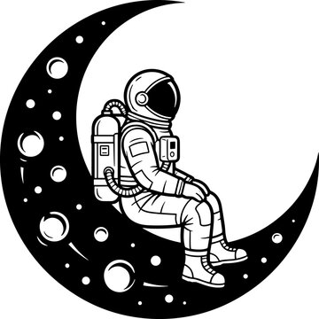Astronaut sitting on a crescent moon in space, black and white vector illustration
