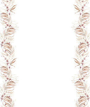 Watercolor autumn exotic foliage seamless border frame. Fall orange, yellow, beige tropical palm branches, pink, red floral twigs, leaves, golden texture elements. Boho style hand drawn clipart.