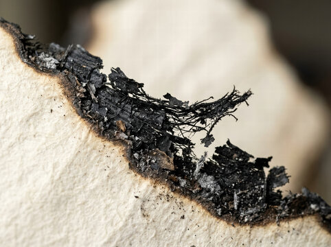 Macro close-up of burnt paper edge with charred black texture and white ash background.