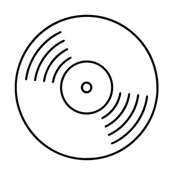 Hand-traced vinyl record vector icon, minimalist black line illustration of a spinning disc with grooved rings, retro music symbol design for vintage audio themes