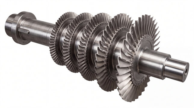 Detailed metallic industrial gear shaft with multiple precision-engineered gears and components, representing mechanical engineering, manufacturing, machinery, and industrial technology.