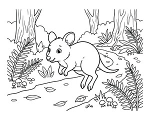Fototapeta premium Joyful baby kangaroo bouncing playfully along a serene forest path surrounded by lush ferns and tall ancient trees rendered in a clean black and white line art style for creative coloring activities.