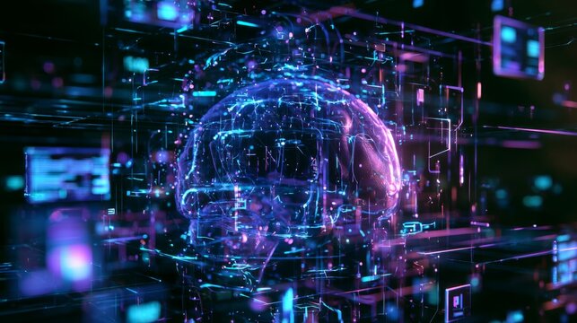 Futuristic Concept of Artificial Intelligence Brain Surrounded by Abstract Data Structures and Neon Lights