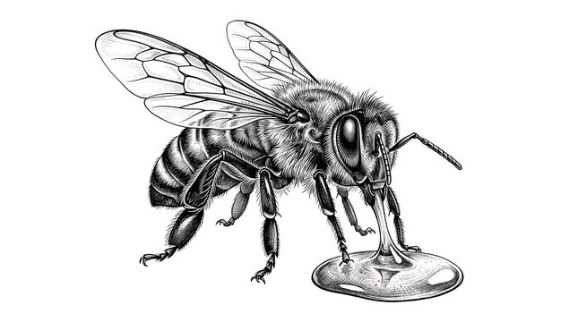 Vintage honey bee illustration, detailed black and white insect sketch, hand drawn honeybee drinking nectar on white background