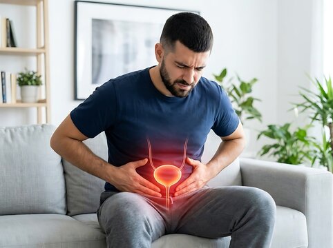 Man experiencing bladder pain with glowing visualization of urinary system indicating discomfort and health concern in living room.