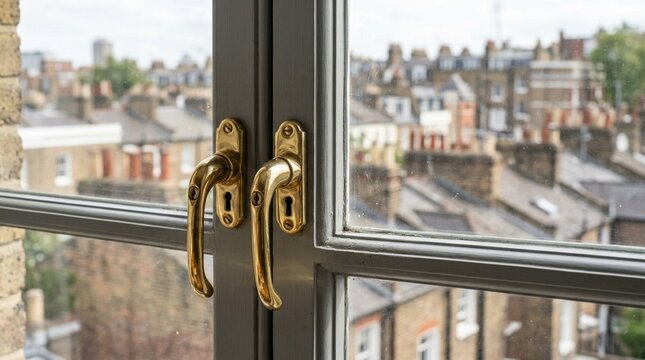 Close-up of polished brass window handles on grey painted casement window with softly blurred cityscape rooftops and chimney pots in urban residential background, architectural detail
