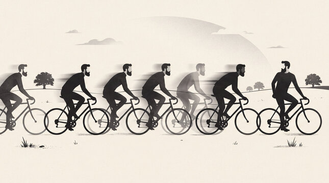 Artistic sequence of cyclists riding bicycles in motion, creating a dynamic silhouette composition representing cycling, sports, fitness, transportation, and active lifestyle.