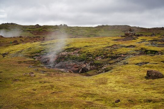 Hveravellir hot springs is a unique natural geothermal pool and reserve set in Iceland's central highlands along the historic Kj&ouml;lur (F35) mountain route, nestled between the Langj&ouml;kull and Hofsj&ouml;kull