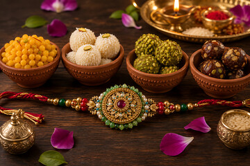 Fototapeta premium Happy raksha bandhan festival background with traditional golden rakhi delicious indian sweets clay bowls lit oil lamp and fragrant flowers on wood