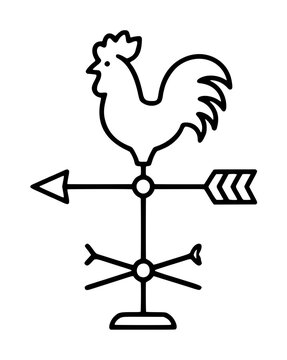 Hand-drawn rooster weather vane vector icon illustration featuring directional arrow and perched rooster silhouette in minimalist black outline farm style design concept