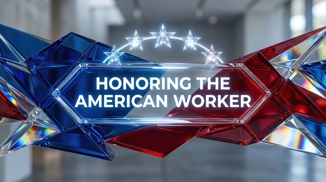 Patriotic Labor Day message featuring Honoring the American Worker text with a abstract geometric crystal glass structure in red and blue colors and glowing stars on a blurred background.