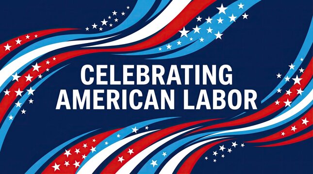 Celebrating American Labor banner with red white and blue wave lines and stars pattern design on a deep navy background for national holiday greeting card or patriotic celebration event.