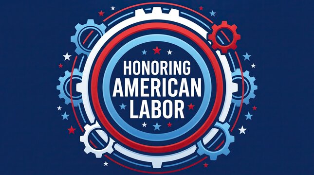 Graphic of Honoring American Labor concept featuring central circular emblem with spinning cogwheel elements and patriotic red white and blue design on a solid dark navy blue background.