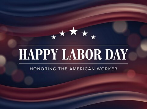 Happy Labor Day celebration background with elegant dark wavy fabric layers and sparkling bokeh lights featuring professional patriotic typography honoring the American worker holiday spirit.