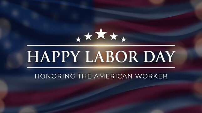 Labor Day celebration banner featuring golden glowing star accents and professional typography on a deep navy blue background to honor the essential contributions of American workers.
