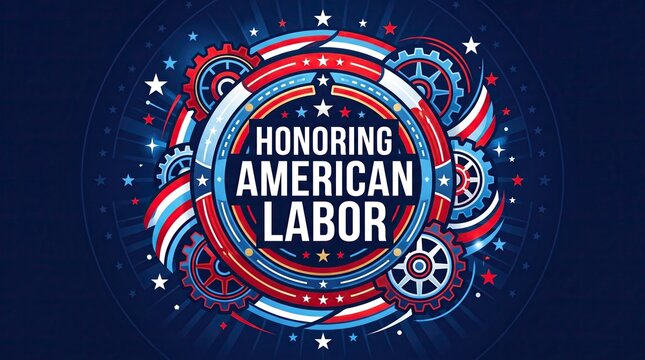 Labor Day celebration graphic design featuring Honoring American Labor typography centered within a complex mechanical gear pattern with stars and stripes in patriotic red white and blue.